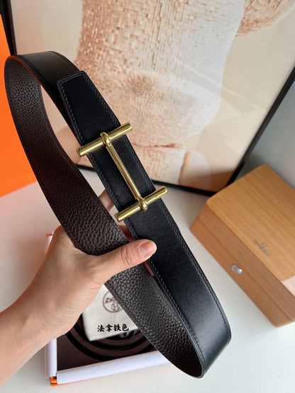HM H D'ANCRE BELT BUCKLE & REVERSIBLE CHOCOLATE BROWN LEATHER STRAP 38 MM GOLD HARDWARE