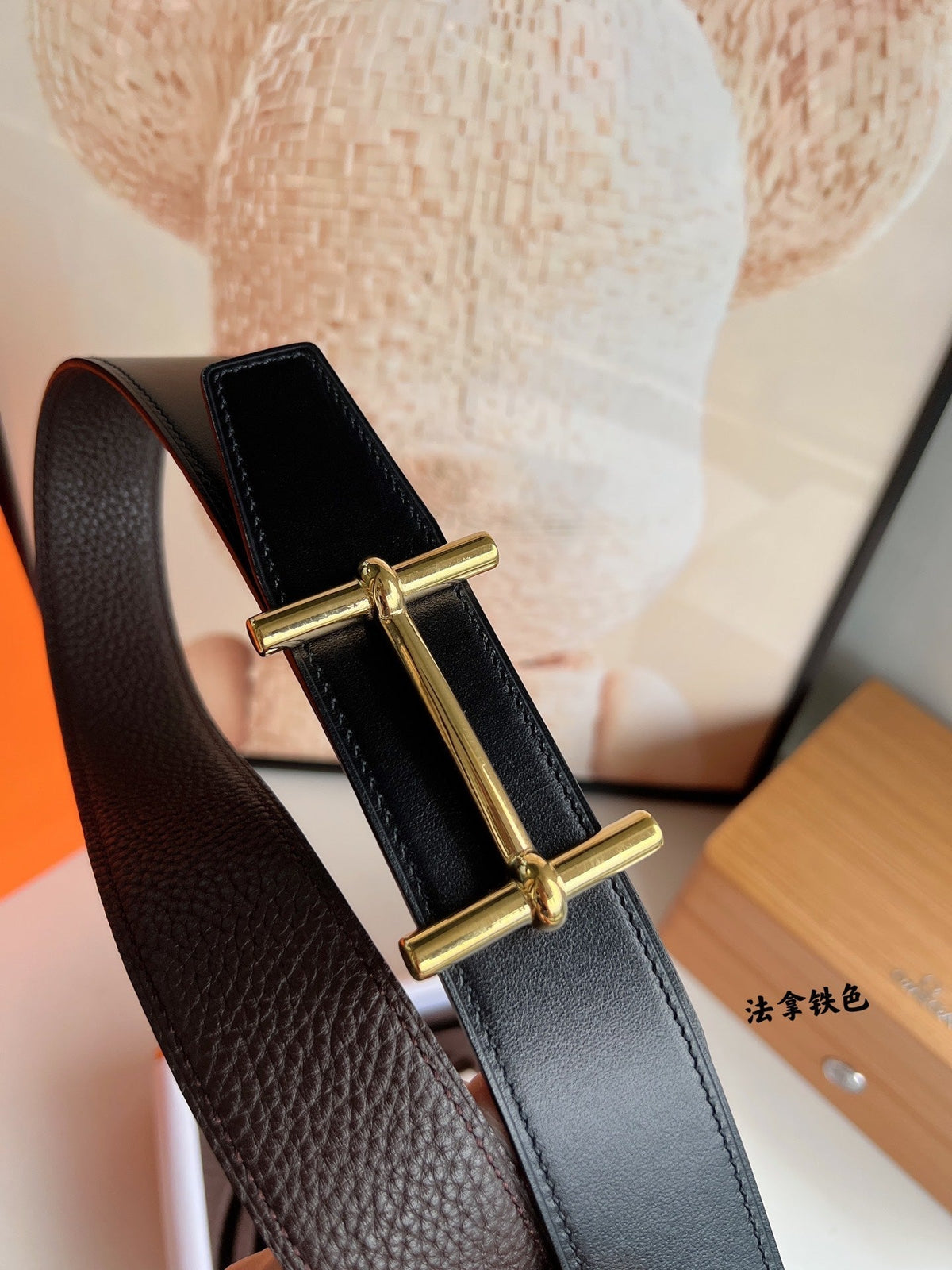 HM H D'ANCRE BELT BUCKLE & REVERSIBLE CHOCOLATE BROWN LEATHER STRAP 38 MM GOLD HARDWARE