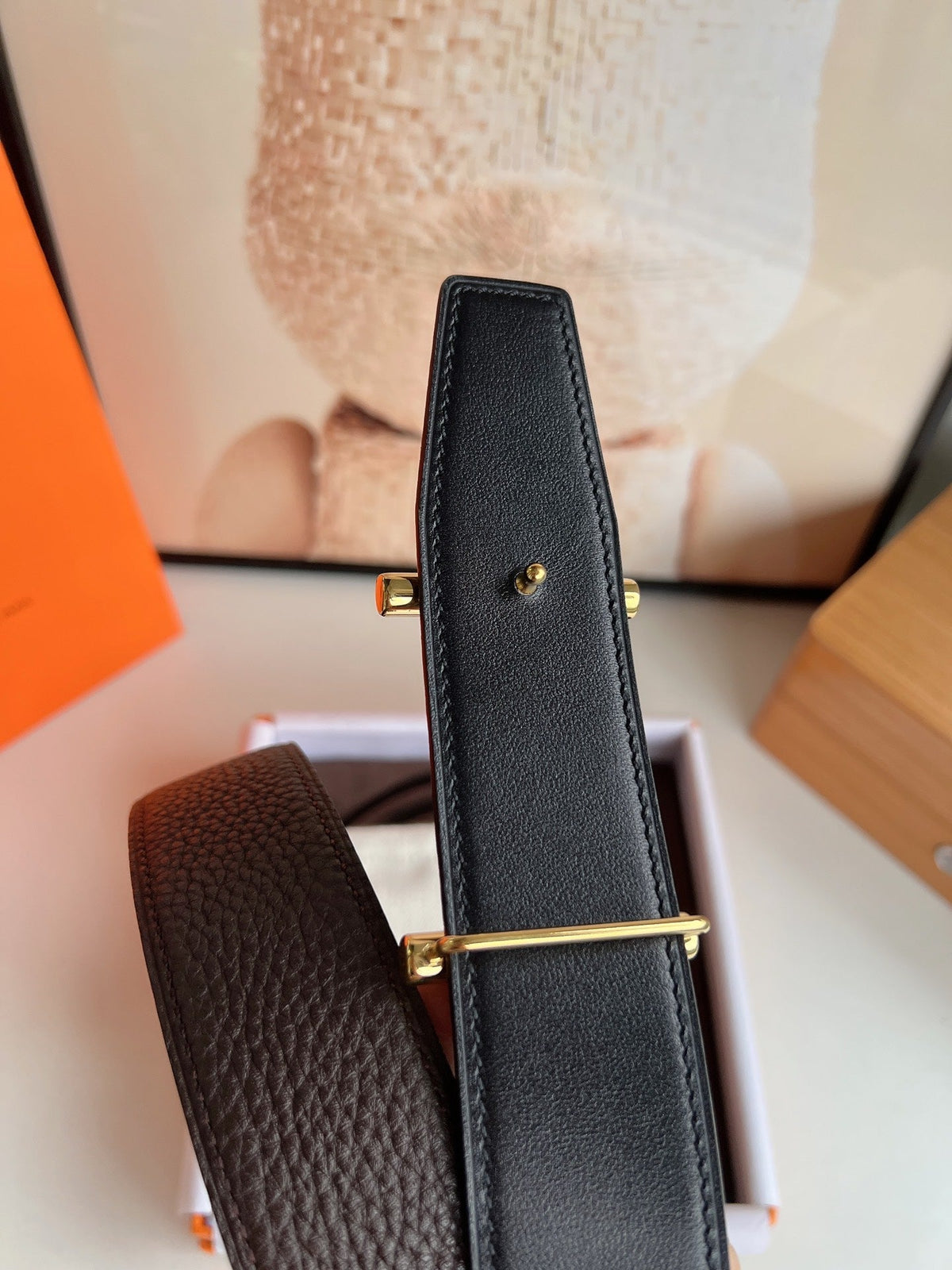 HM H D'ANCRE BELT BUCKLE & REVERSIBLE CHOCOLATE BROWN LEATHER STRAP 38 MM GOLD HARDWARE