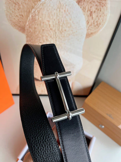 HM H D'ANCRE BELT BUCKLE & REVERSIBLE BLACK LEATHER STRAP 38 MM SILVER HARDWARE