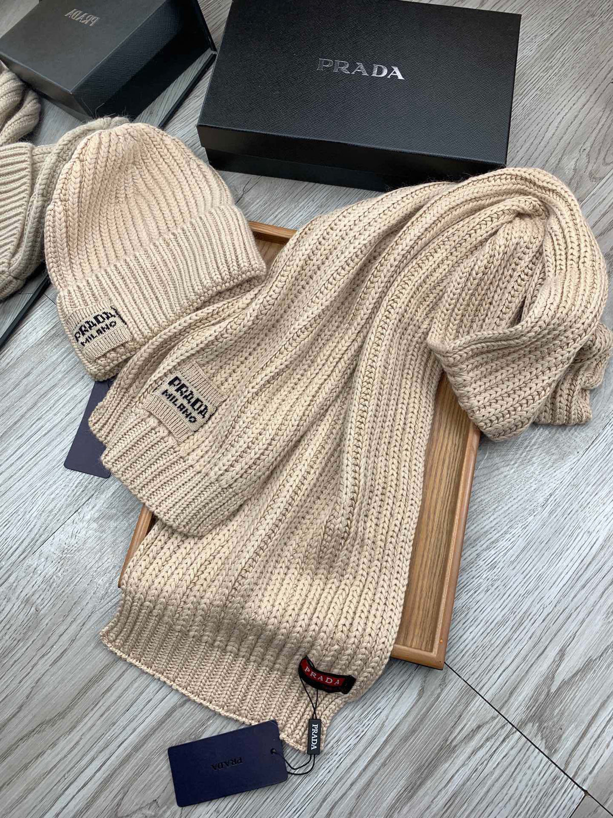 SET SCARF AND HAT IN SAND BROWN WOOL AND RABBIT FUR 388990