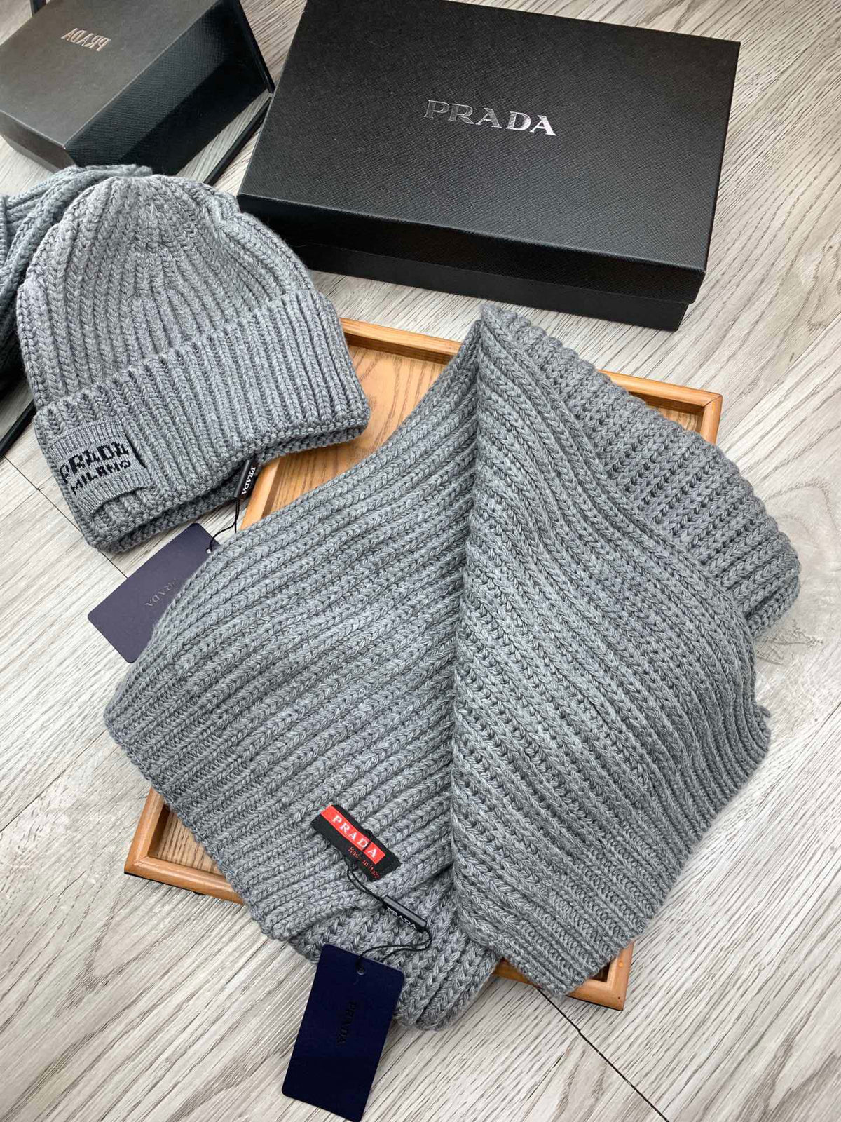 SET SCARF AND HAT IN DOVE GRAY WOOL AND RABBIT FUR 388993