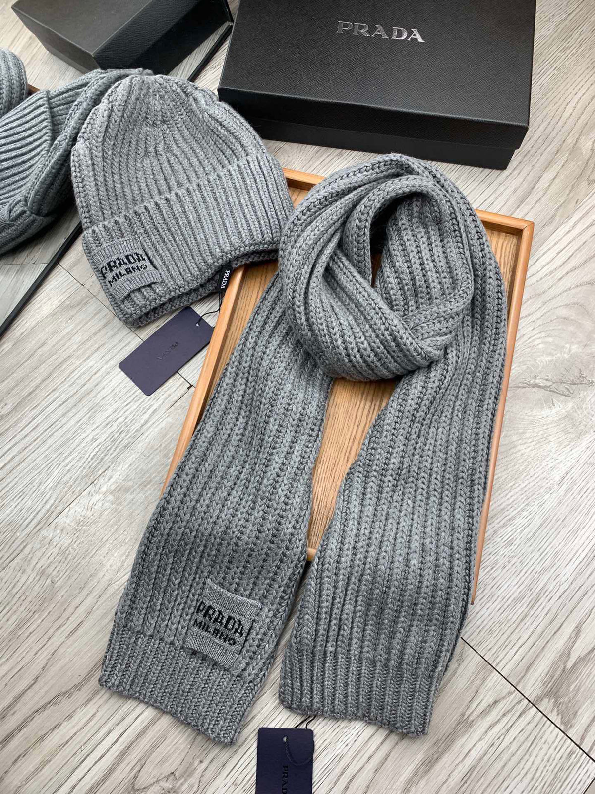 SET SCARF AND HAT IN DOVE GRAY WOOL AND RABBIT FUR 388993