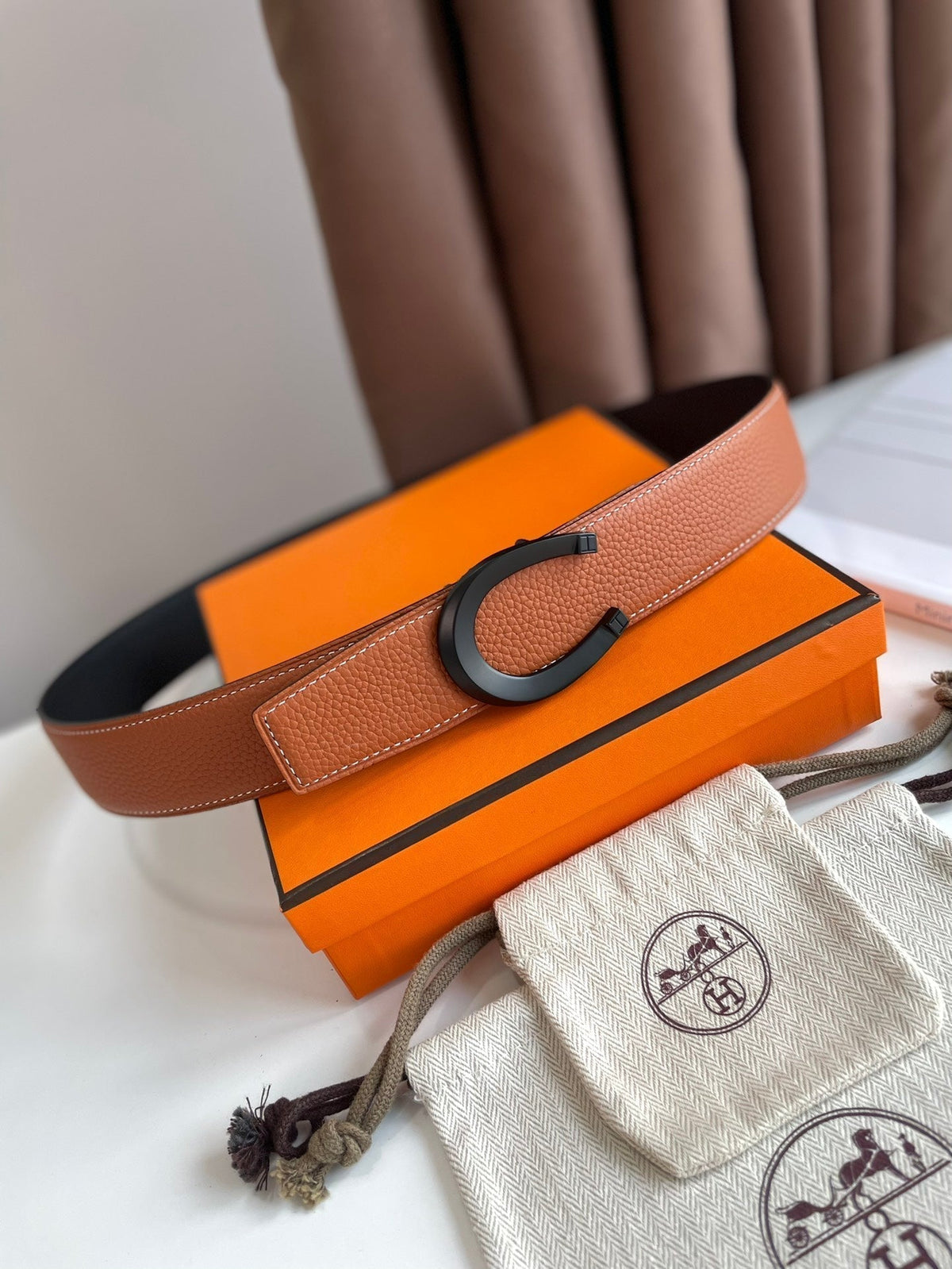 LUCK BELT BUCKLE & REVERSIBLE GINGER ORANGE LEATHER STRAP 38MM BLACK HARDWARE