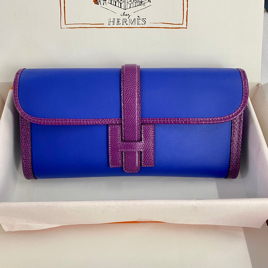 JIGE ELAN 29 CLUTCH IN COBALT BLUE CALFSKIN WITH VIOLET PURPLE LIZARD SKIN