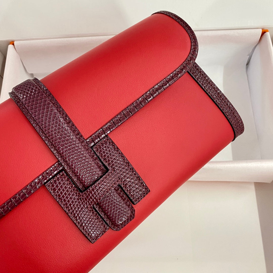 JIGE ELAN 29 CLUTCH IN CANDY RED CALFSKIN WITH WINE RED LIZARD SKIN