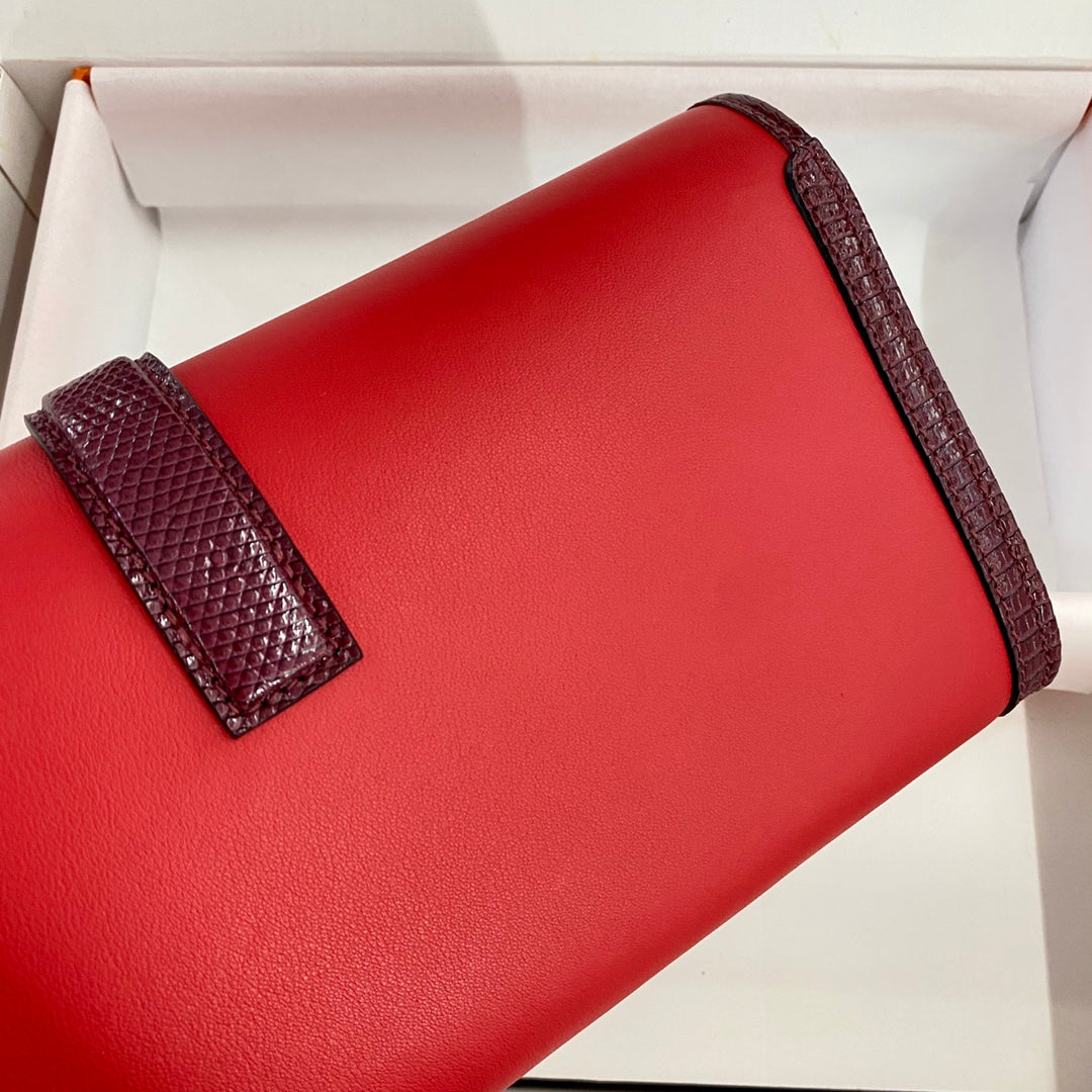 JIGE ELAN 29 CLUTCH IN CANDY RED CALFSKIN WITH WINE RED LIZARD SKIN