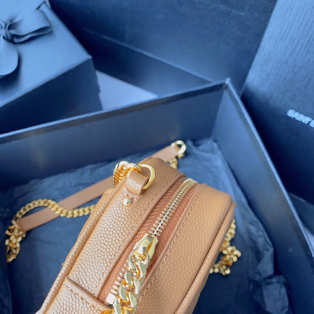 LOU MINI CAMERA BAG 19 IN MANGO ORANGE CAVIAR PATTERN CALFSKIN GOLD HARDWARE