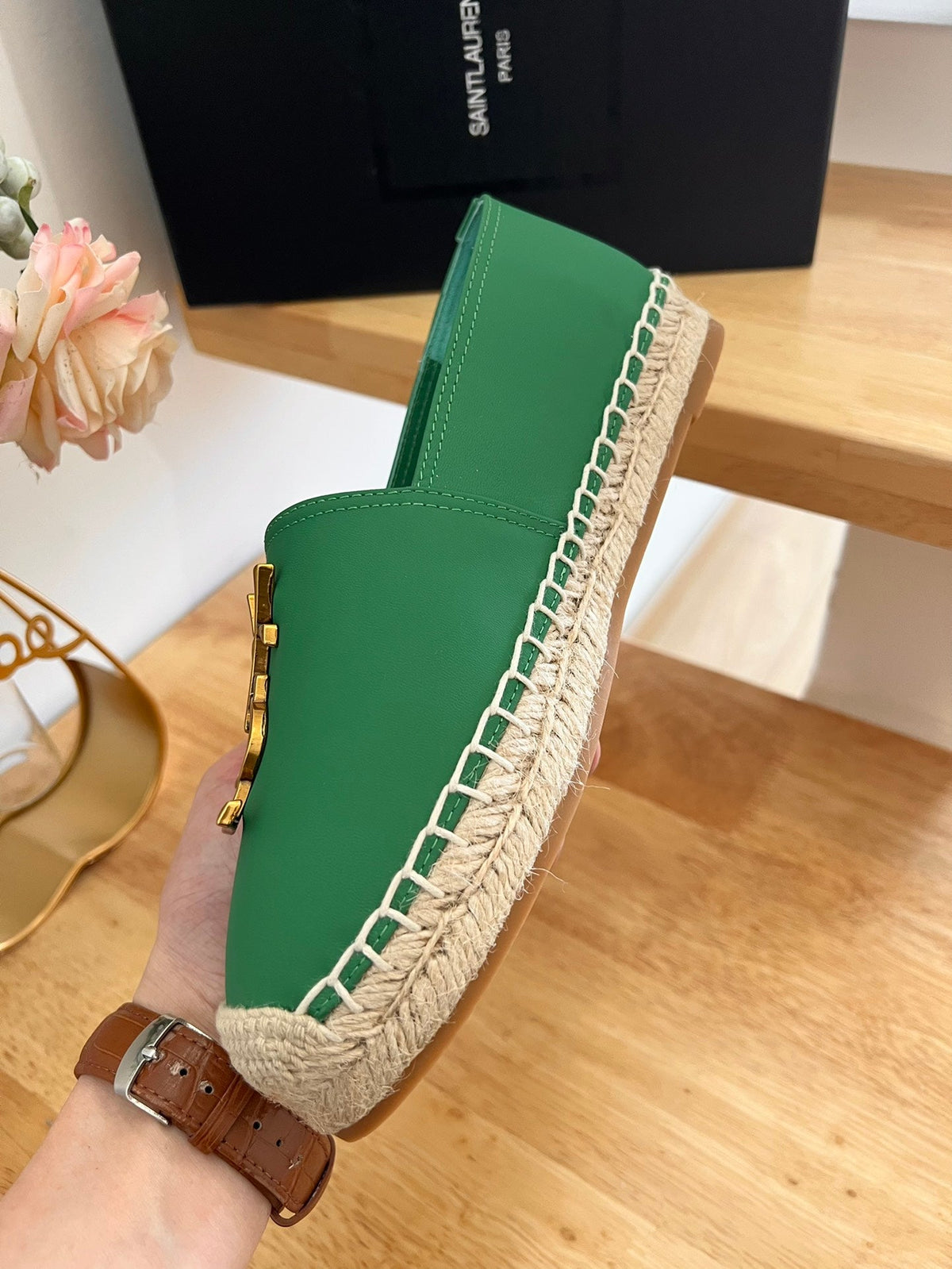 SL YVES LOGO SLIP ON DARK GREEN CALFSKIN