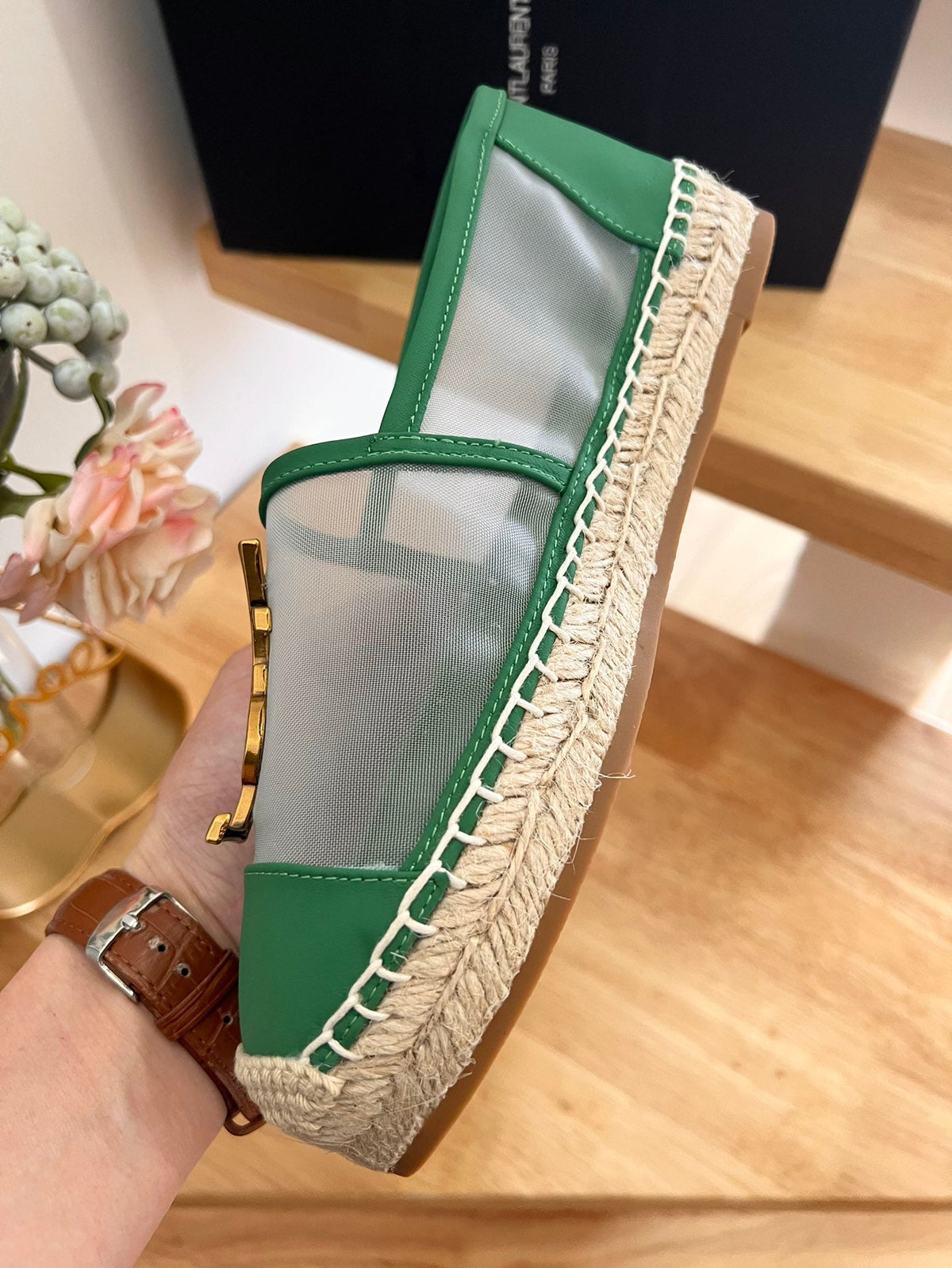SL YVES LOGO SLIP ON DARK GREEN CALFSKIN AND MESH