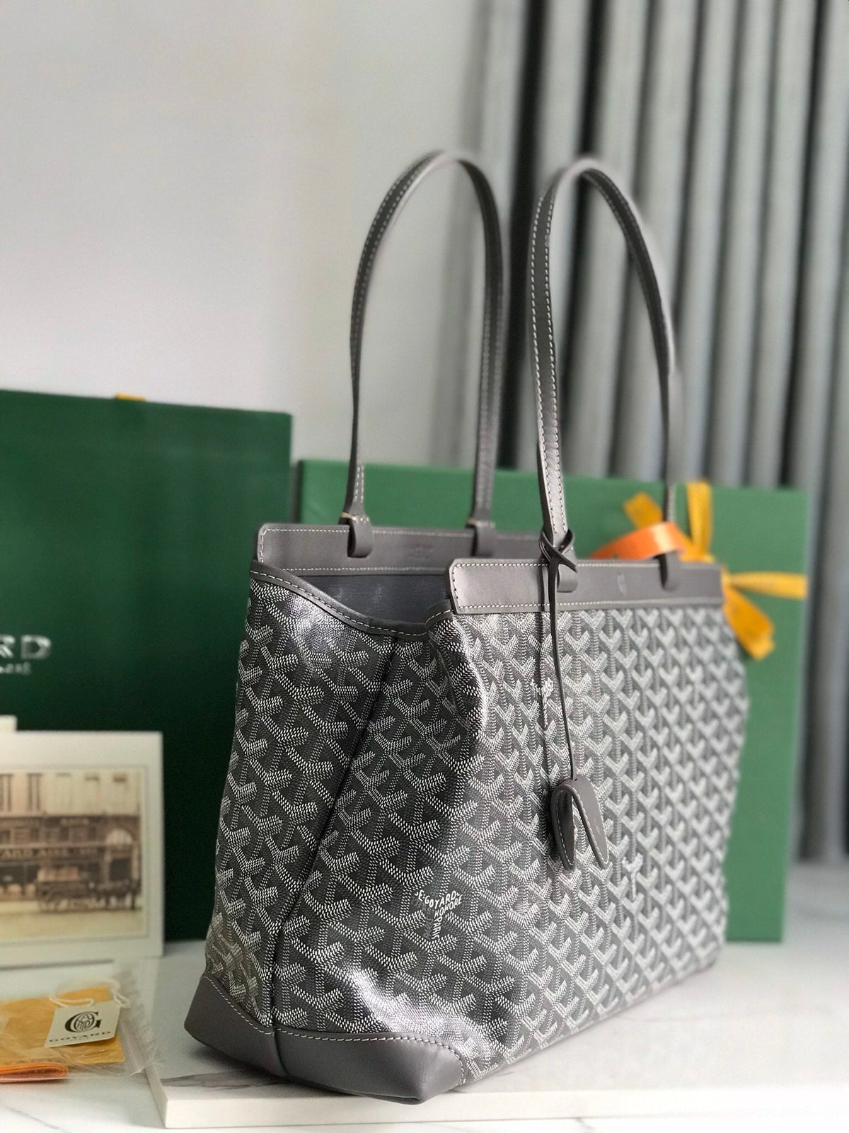 BELLECHASSE BIAUDE PM BAG 36 IN GRAY GOYARDINE CANVAS AND CALFSKIN TRIM