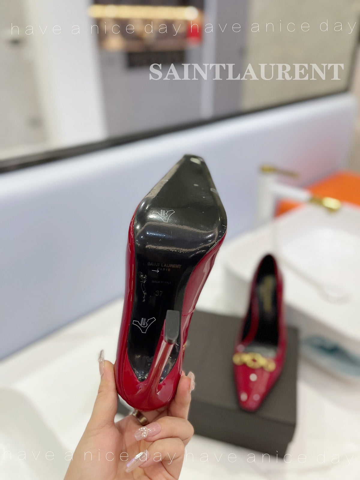 SL SILVANA CHAIN PUMPS GLOSSY RED CALFSKIN