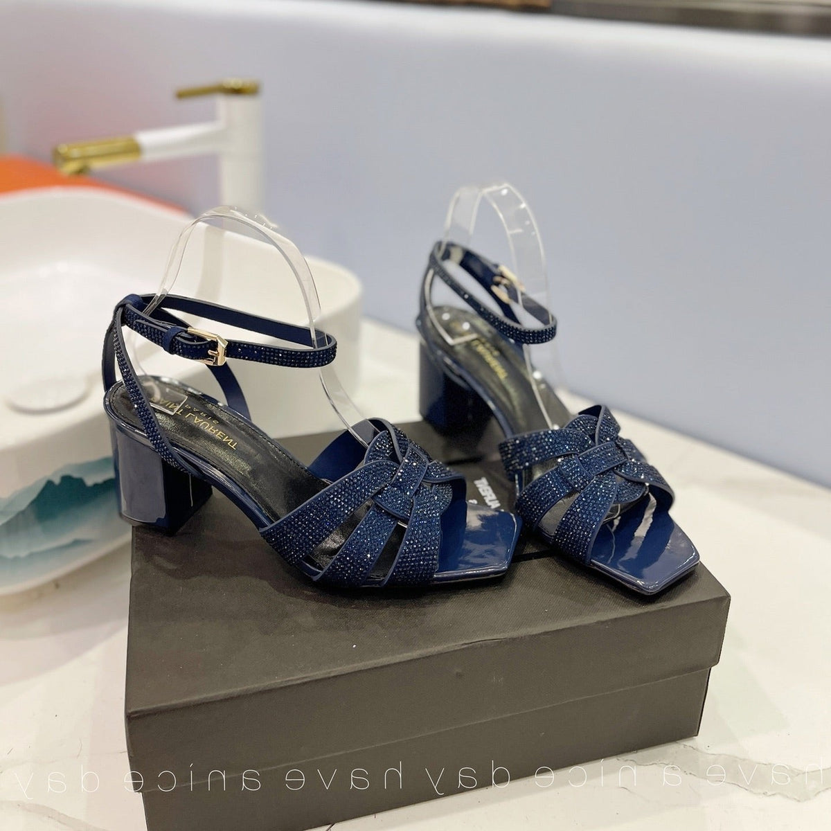 SL TRIBUTE CRYSTAL SANDALS GLOSSY NAVY CALFSKIN