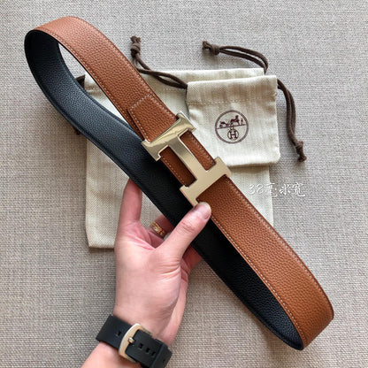 HM BELT BUCKLE & REVERSIBLE BLACK AND BRONZE BROWN LEATHER STRAP 38MM GOLD HARDWARE