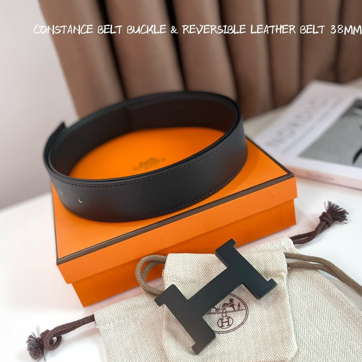 HM CONSTANCE BELT BUCKLE & REVERSIBLE  BLACK LEATHER STRAP 38MM