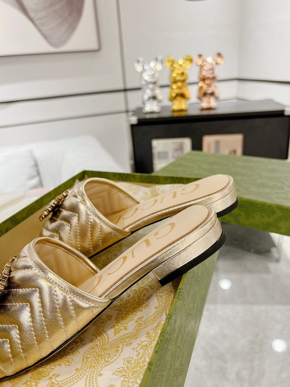 GG SPARKLE CRYSTAL SLIDE SANDAL METALLIC GOLD CALFSKIN