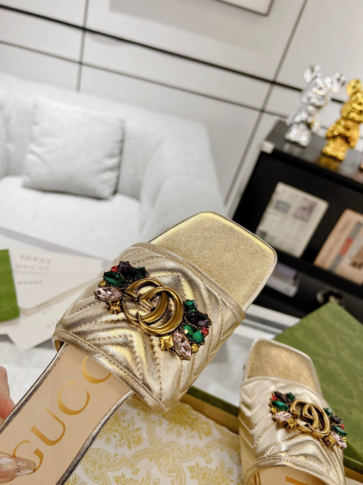GG SPARKLE CRYSTAL SLIDE SANDAL METALLIC GOLD CALFSKIN