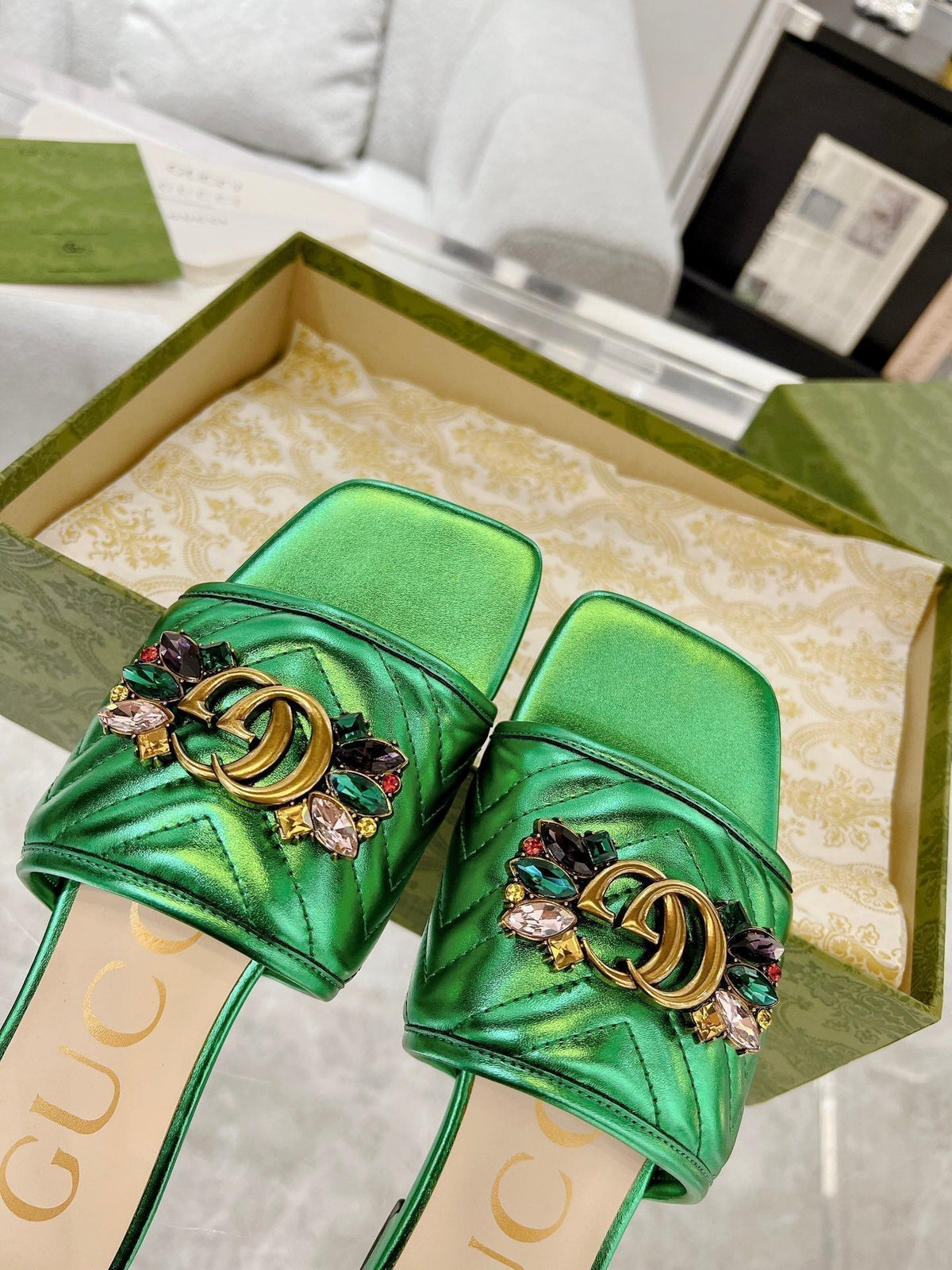 GG SPARKLE CRYSTAL SLIDE SANDAL METALLIC GREEN CALFSKIN