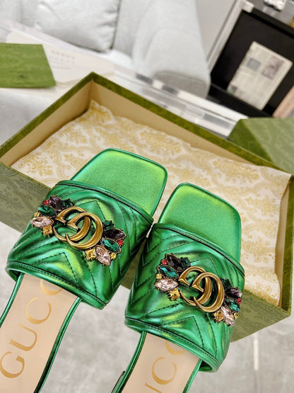 GG SPARKLE CRYSTAL SLIDE SANDAL METALLIC GREEN CALFSKIN
