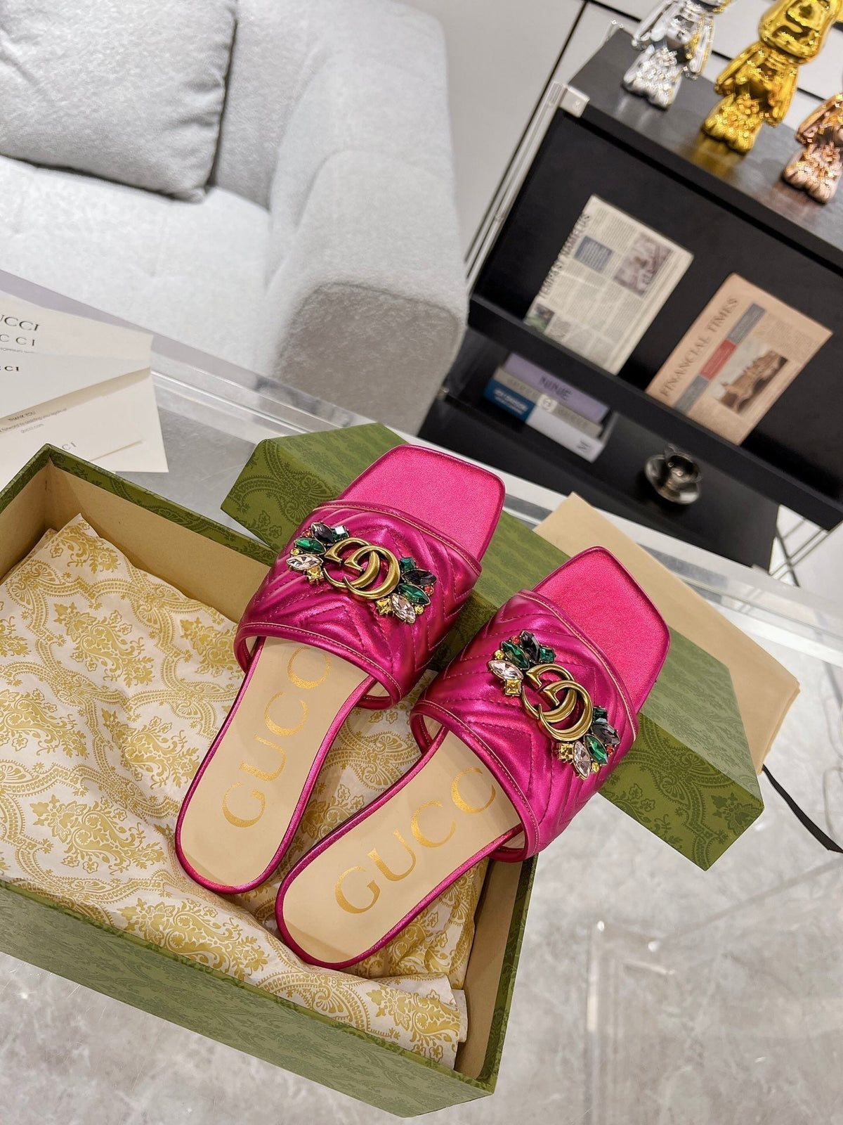 GG SPARKLE CRYSTAL SLIDE SANDAL METALLIC PINK CALFSKIN