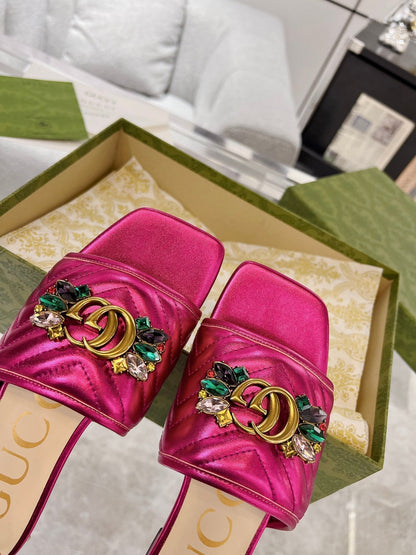 GG SPARKLE CRYSTAL SLIDE SANDAL METALLIC PINK CALFSKIN