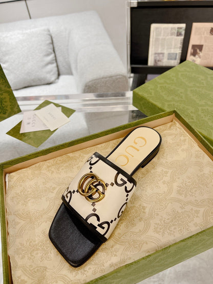 GG EXCLUSIVE SLIDE SANDAL BLACK AND CREAM CALFSKIN
