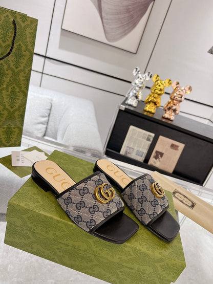 GG EXCLUSIVE SLIDE SANDAL BLACK AND CHARCOAL FABRIC