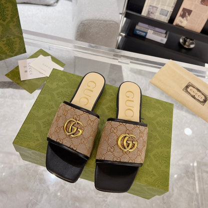 GG EXCLUSIVE SLIDE SANDAL BLACK AND BROWN FABRIC