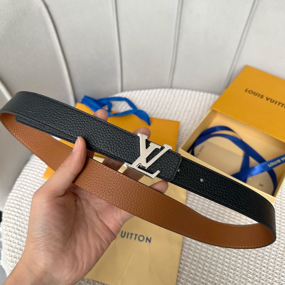 LV Initiales 30mm Reversible Belt Silver Buckle Tan Black Leather