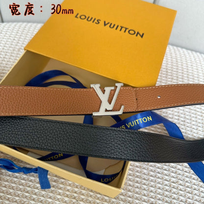 LV 30 MM BELTS IN BLACK AND BRONZE BROWN CALFSKIN SILVER HARDWARE