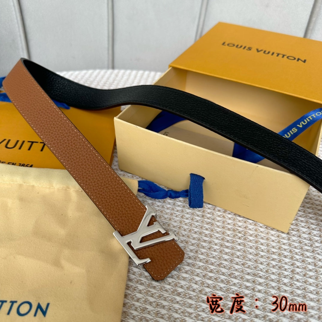 LV 30 MM BELTS IN BLACK AND BRONZE BROWN CALFSKIN SILVER HARDWARE