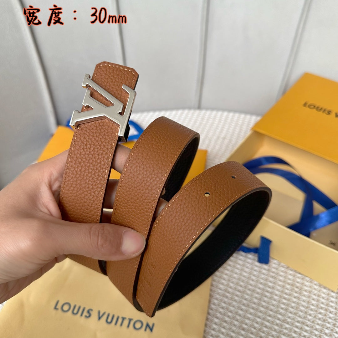 LV 30 MM BELTS IN BLACK AND BRONZE BROWN CALFSKIN SILVER HARDWARE