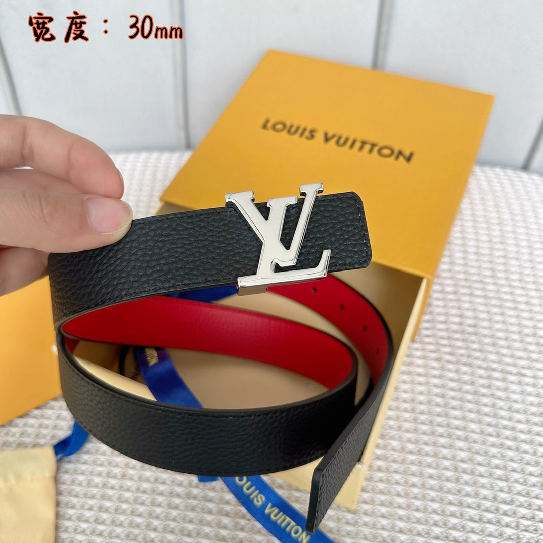 LV 30 MM BELTS IN BLACK AND CHERRY RED CALFSKIN SILVER HARDWARE