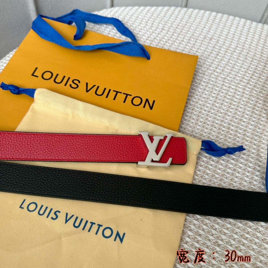 LV 30 MM BELTS IN BLACK AND CHERRY RED CALFSKIN SILVER HARDWARE
