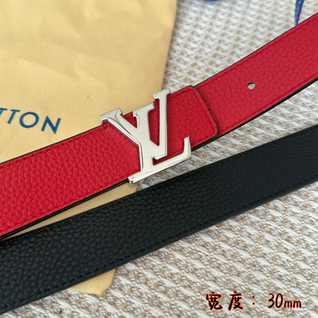 LV 30 MM BELTS IN BLACK AND CHERRY RED CALFSKIN SILVER HARDWARE