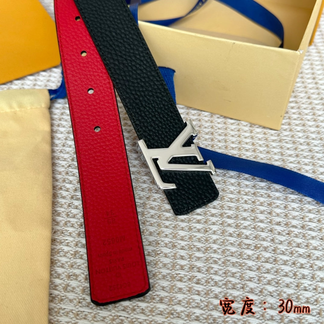LV 30 MM BELTS IN BLACK AND CHERRY RED CALFSKIN SILVER HARDWARE
