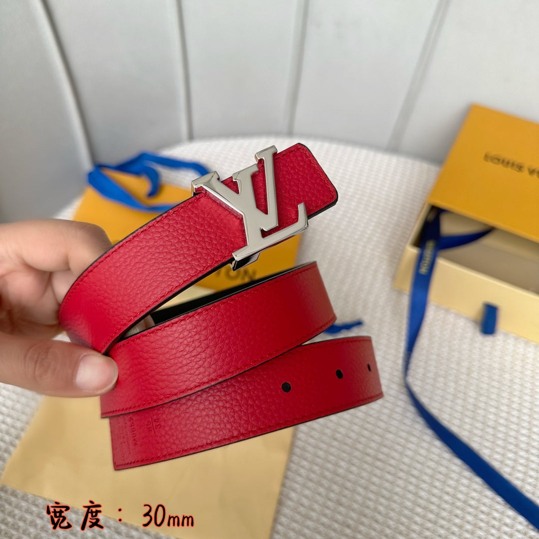 LV 30 MM BELTS IN BLACK AND CHERRY RED CALFSKIN SILVER HARDWARE