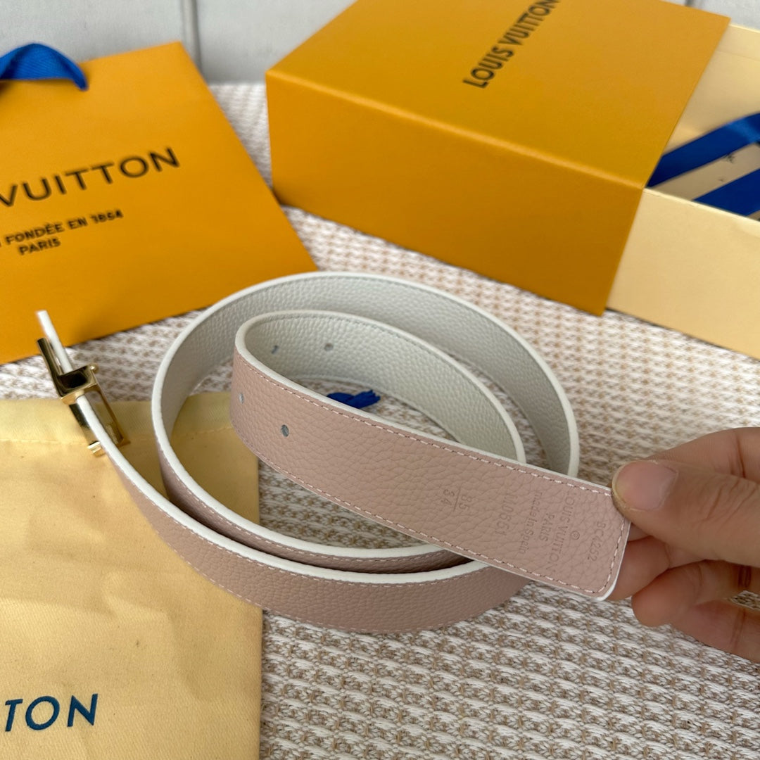LV 30 MM BELTS IN WHITE AND PINK PASTEL CALFSKIN GOLD HARDWARE