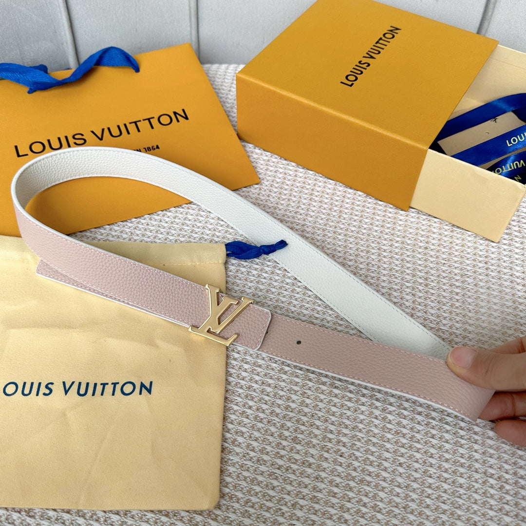 LV 30 MM BELTS IN WHITE AND PINK PASTEL CALFSKIN GOLD HARDWARE