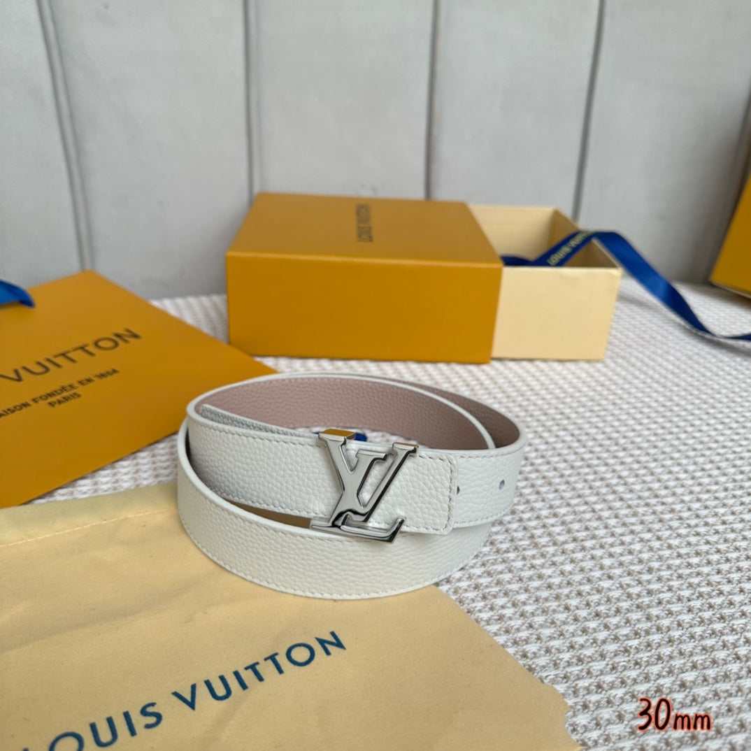 LV Initiales 30mm Reversible Belt Silver Buckle Pink White Leather