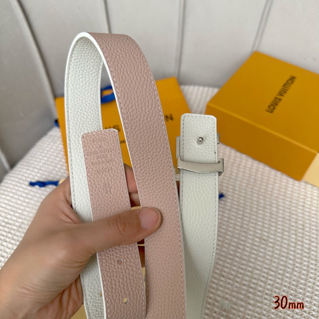 LV Initiales 30mm Reversible Belt Silver Buckle Pink White Leather