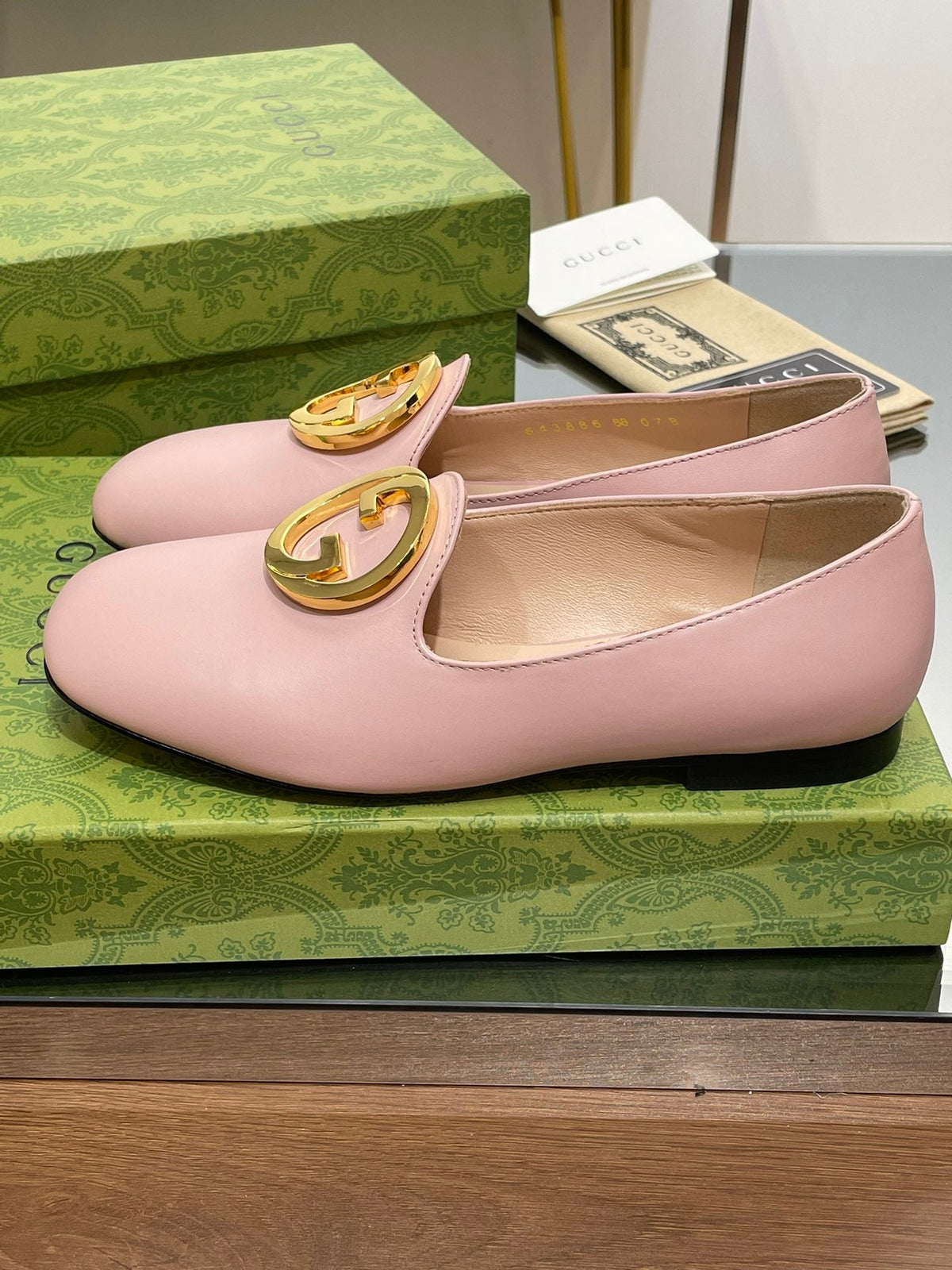 BLONDIE LOGO-PLAQUE LOAFERS IN LIGHT PINK CALFSKIN WITH GOLD HARDWARE
