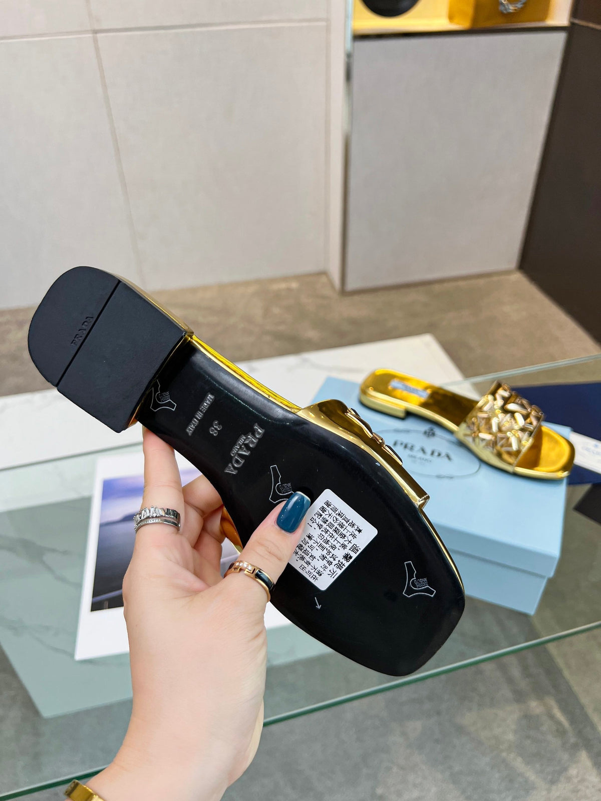 PRA EMBROIDERED SLIDES FLAT METALLIC GOLD CALFSKIN