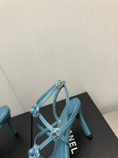 FLORAL HIGH HEEL SANDAL IN SAPPHIRE BLUE LAMBSKIN