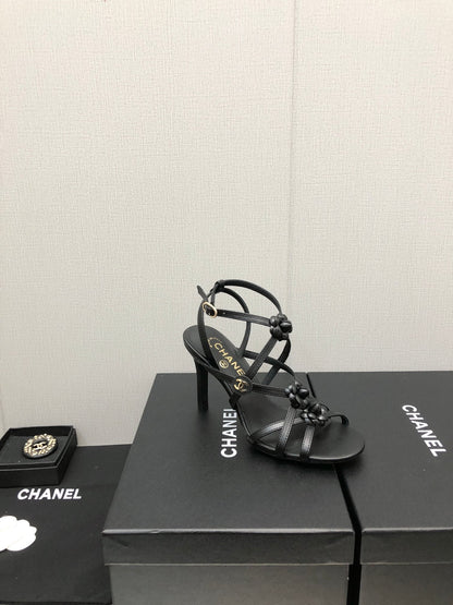 FLORAL HIGH HEEL SANDAL IN BLACK LAMBSKIN