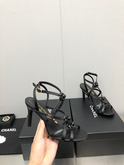 FLORAL HIGH HEEL SANDAL IN BLACK LAMBSKIN
