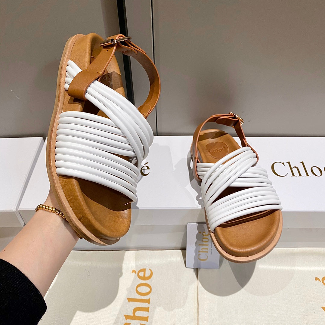 CROSS STRAP SANDAL IN WHITE MIX BRONZE BROWN RUBBER WITH GOLD HARDWARE