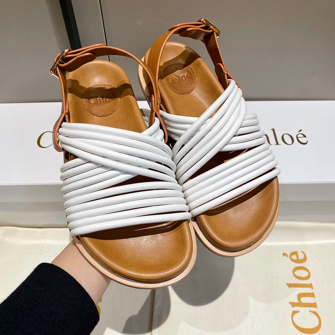CROSS STRAP SANDAL IN WHITE MIX BRONZE BROWN RUBBER WITH GOLD HARDWARE