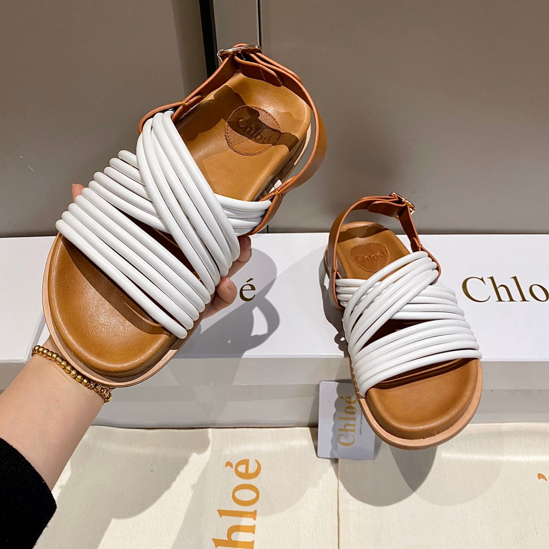 CROSS STRAP SANDAL IN WHITE MIX BRONZE BROWN RUBBER WITH GOLD HARDWARE