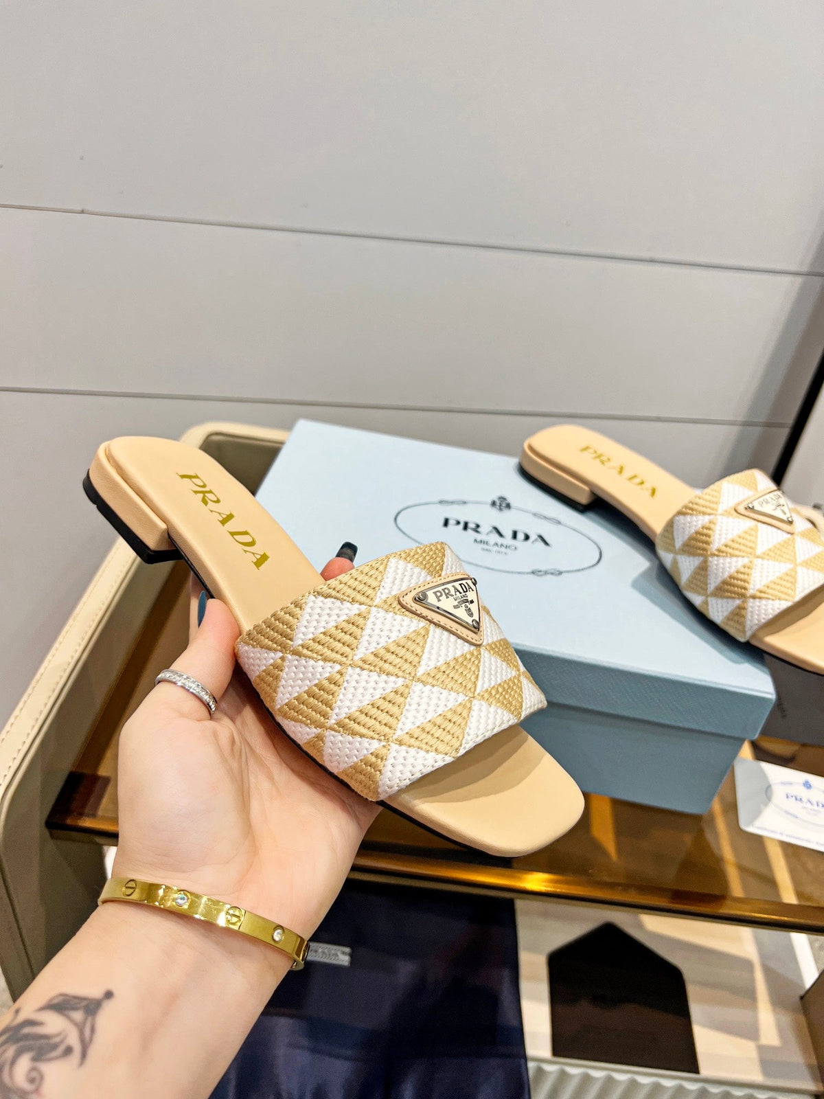 PRA EMBROIDERED SLIDES FLAT BEIGE FABRIC